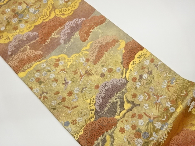 JAPANESE KIMONO / FUKURO OBI / SAGANISHIKI / WOVEN BIRD & FOREST SCENER